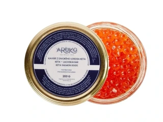 Kaviár ze divokého lososa Keta Aruko. Váha 200 g. USA