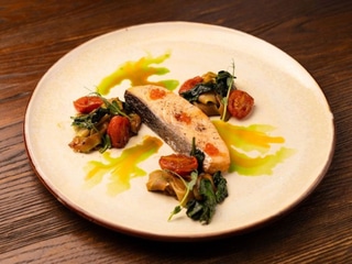 Farm salmon with stewed spinach and celery puree