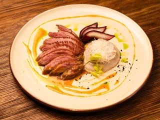 Duck breast with spiced pear and buckwheat puree