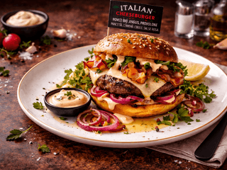Italian cheeseburger – hovězí bio Angus, Provolone dolce DOP, pancetta, marinovaná červená cibule, salsa rosa