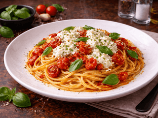 Spaghetti bolognese, mleté maso mix, rajčata, parmezán, bazalka