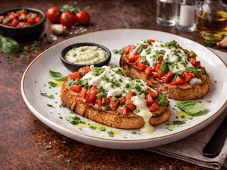 Bruschetta Pomodoro, opečený farmářský chléb, rajčata, bazalka, sýr Stracciatella, bazalková majonéza