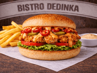 COMBO: CHIPOTTLE CHICK burger + hranolky + omáčka