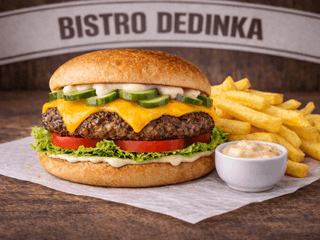 COMBO: Cheese burger + hranolky + omáčka