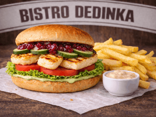 COMBO: Halloumi burger + hranolky + omáčka