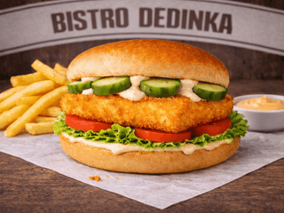 COMBO: Syrový burger + hranolky + omáčka