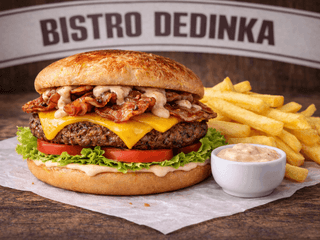 COMBO: Slaninka burger +hranolky + omáčka