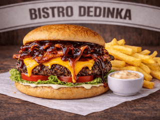 COMBO: Dedinka burger + hranolky + omáčka