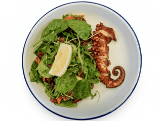 Warm salad with sliced octopus tentacles, Kalamata olives, capers, roasted bell pepper, arugula and spinach 