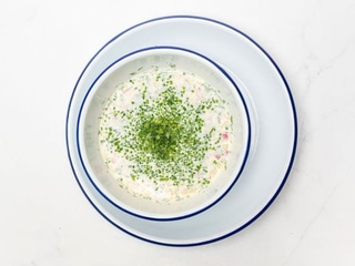 Cold okroshka with salmon 