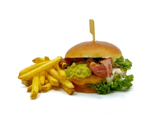 Chicken burger with cheese, bacon, guacamole & French fries