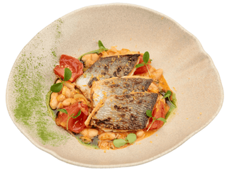 Grilled seabass fillet, served over cannellini beans ragout