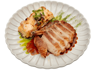 Mangalica pork chop, potato dauphinoise and onion gravy
