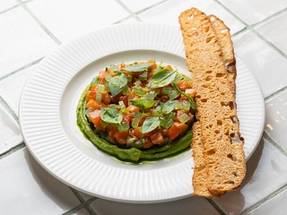 SALMON TARTARE WITH AVOCADO CREAM AND CUCUMBER