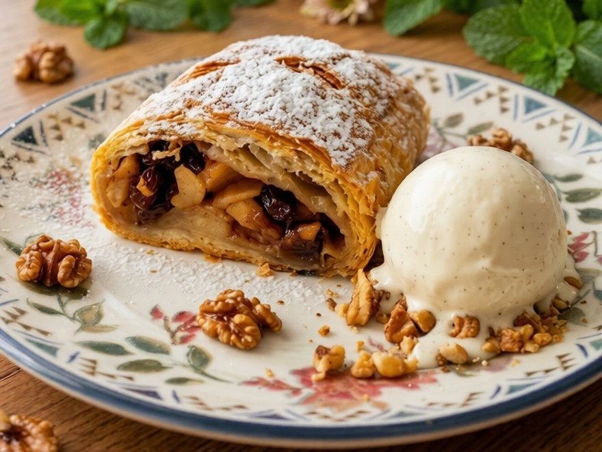 Яблучно-горіховий штрудель з корицею і морозивом