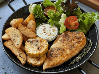 Стейк курячий з картоплею та овочами