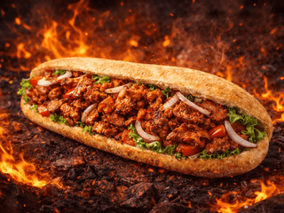 Kuřecí kebab v Bánh Mì bagetě připravený na lávových kamenech