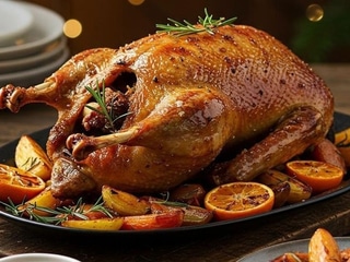 Качка запечена з яблуками та  апельсином