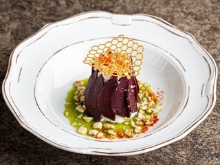 Gorgonzola panna cotta with confit pear