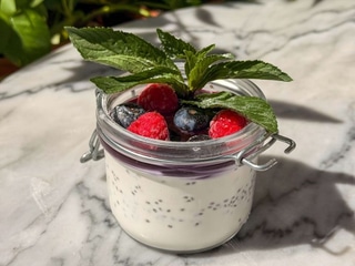 Chia pudding with coconut milk and berry jam