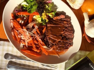 Veal tagliata with sweet potato and demi-glace sauce