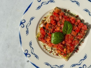 Focaccia with sweet tomatoes, basil,  and DOP olive oil