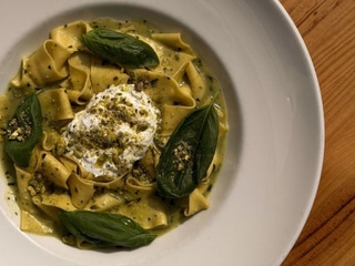 Pappardelle with pistachio pesto and burrata