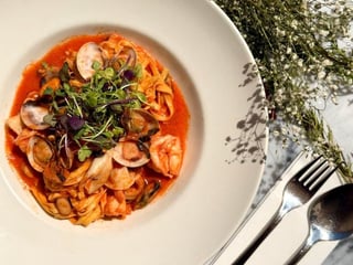 Linguine with tiger prawns, pink squid and octopus