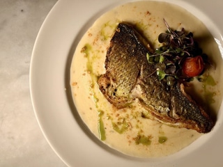Sea bass fillet with wild mushrooms in wine sauce