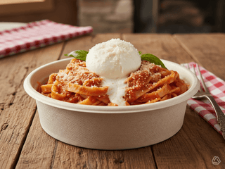 Fettuccine z ’ndują, marinarą, Parmigiano Reggiano i burratą
