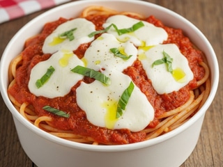 Spaghetti alla Chitarra z pomidorami San Marzano, mozarella, grana padaono(ser), bazylia i EV oliwa