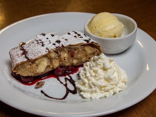 Strudel with hot sour cherry sauce & vanilla ice cream