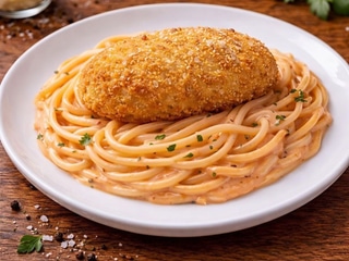 Спагетті на перепелиних яйцях з київською котлетою та сиром