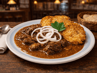 Hovězí guláš s cibulkou a bramboráčky