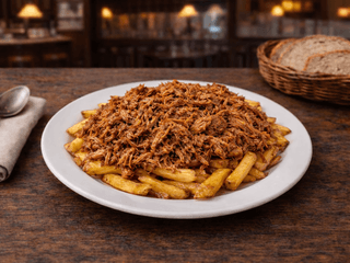 Trhané vepřové maso na hranolkách