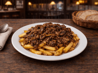 Trhané hovězí maso na hranolkách