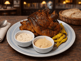 Pečené vepřové koleno s hořčicí, křenem a chlebem