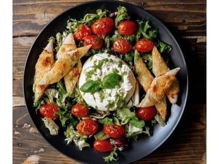 BURRATA S PEČENÝMI RAJČATY, MIX SALÁTOVÝCH LISTŮ, PIZZA CHLEBA