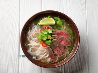 Udon nudle s pho vývarem a hovězím