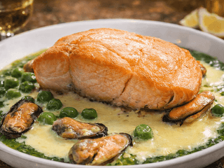 Запечений лосось в соусі з мідіями та овочами