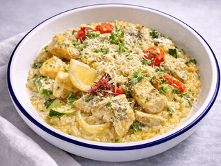 Різотто з філе судака, овочами та пармезаном 