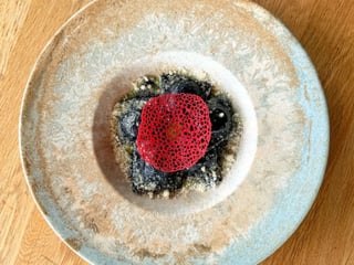 Равіолі з чорнилом каракатиці, мусом із лосося та вершково-шпинатним соусом