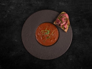 Gazpacho with Olive Tapenade & Roast Beef Tapas