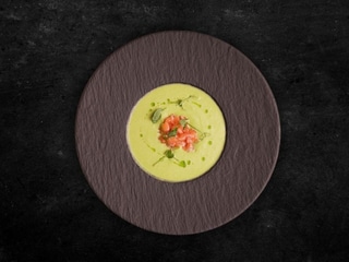 Cold Green Pea Soup with Salmon and Mint Oil