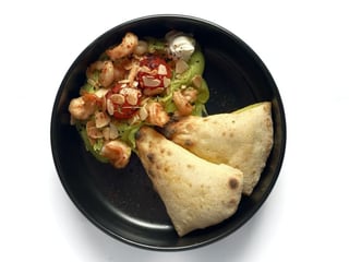 Avo hummus with tiger shrimp and tomato kimchi
