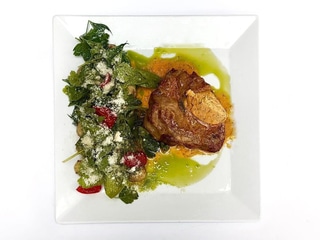 Steak «Basil» with chimichurri sauce, parmesan potatoes and herbs