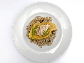 Rye pasta with a mix of wild mushrooms and turkey