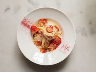 Syrnyky with strawberry, custard, and almonds