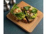 Bruschetta with guacamole and langoustine tartare