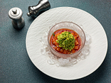Salmon tartare with guacamole and spicy gazpacho